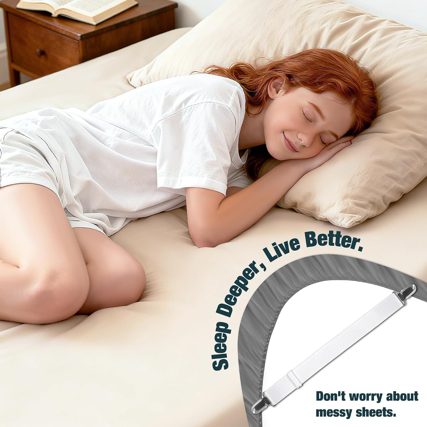 4 Pack Adjustable Elastic Straps with Metal Clips, Bed Sheet Fasteners, Bedding Suspenders for Mattress Covers, Bed Corner Holders and Keepers (White)