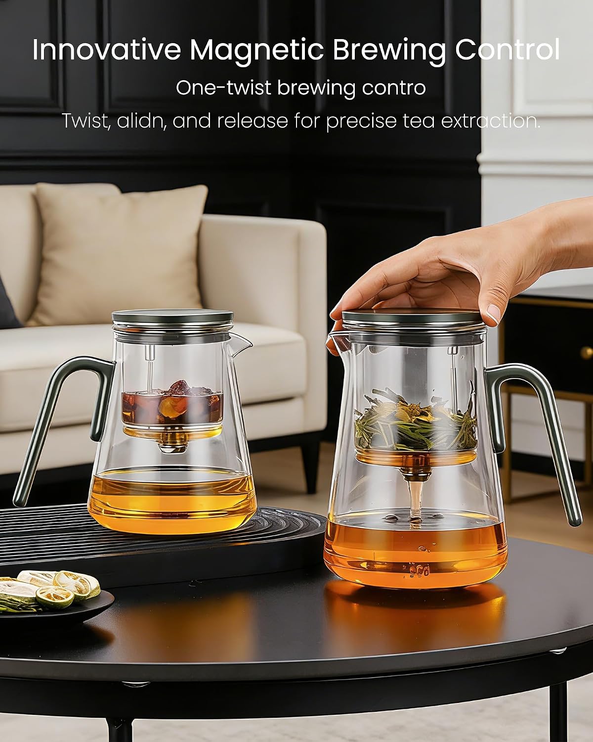 ZENS Magnetic Glass Infuser Teapot for Loose Tea, 27oz Walnut Wood Handle | Magic Teapot with Infuser, Echanted Tea Maker, Mess-Free Loose Leaf Tea Diffusers for Tea lover Gifts