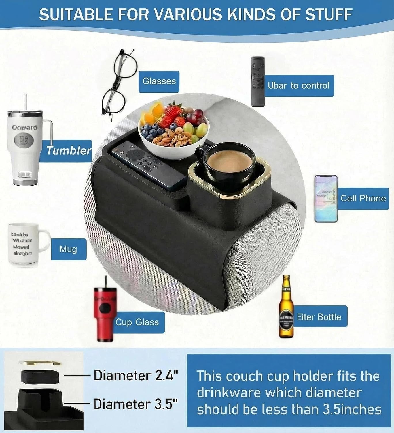 Luxury Gold Trim Couch Cup Holder Tray - Weighted Anti-Spill Navy Blue Silicone Sofa Armrest Organizer, Non-Slip Recliner Tray Table for Drinks, Remote, Phone - Fits Most Couch Arms