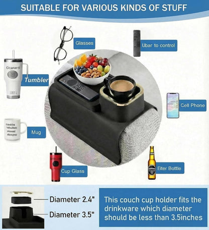 Luxury Gold Trim Couch Cup Holder Tray - Weighted Anti-Spill Navy Blue Silicone Sofa Armrest Organizer, Non-Slip Recliner Tray Table for Drinks, Remote, Phone - Fits Most Couch Arms