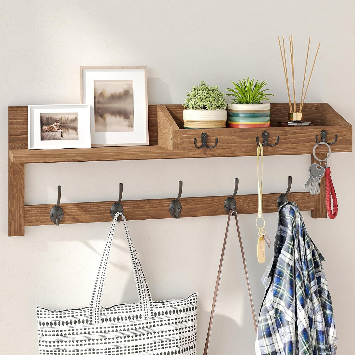 AMBIRD Wall Hooks with Shelf, 26.57 Inch Entryway Wood Coat Hooks for Wall with Shelf, Coat Rack Wall Mount with 5 Dual Hooks 3 Key Hooks Mail Organizer and Key Rack Holder (Brown)