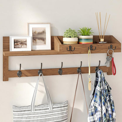 AMBIRD Wall Hooks with Shelf, 26.57 Inch Entryway Wood Coat Hooks for Wall with Shelf, Coat Rack Wall Mount with 5 Dual Hooks 3 Key Hooks Mail Organizer and Key Rack Holder (Brown)