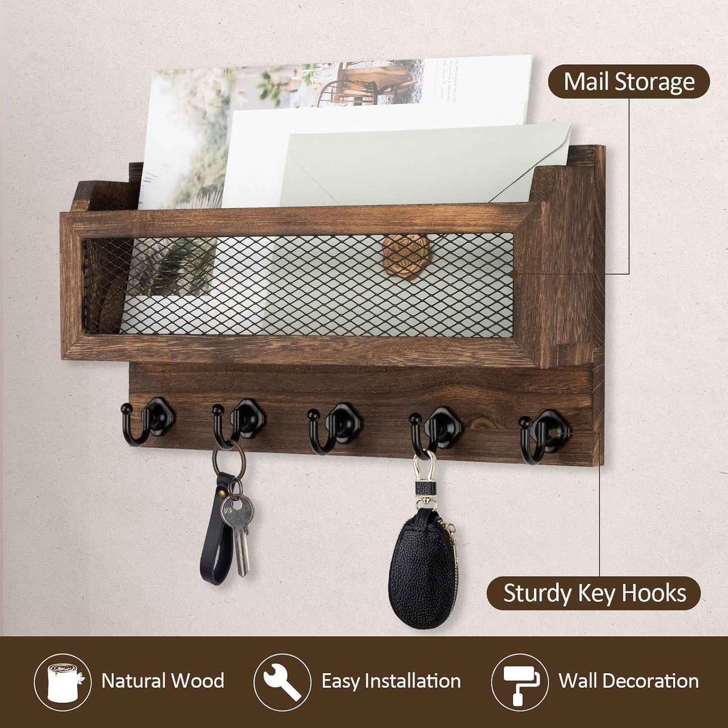 Nekon Mail and Key Holder for Wall Decorative, 11 Inch Mail Holder, Brown | Wooden Wall Key Organizer with 5 Key Hooks, Wall Mount Storage Shelf for Entryway Hallway