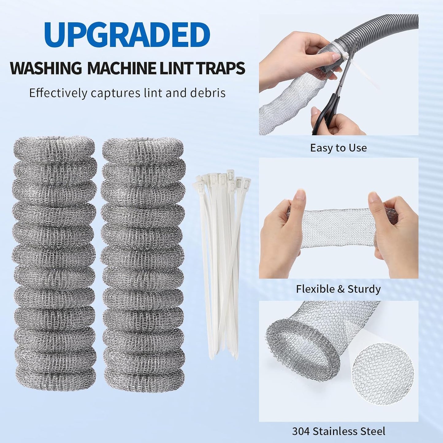 SUNHE YHK Lint Traps for Washing Machine, 40 Pieces | Stainless Steel Laundry Mesh Washer Hose Filter, 40 pcs Cable Ties, Catches Lint, Hair and Debris From Washer Drain Hoses