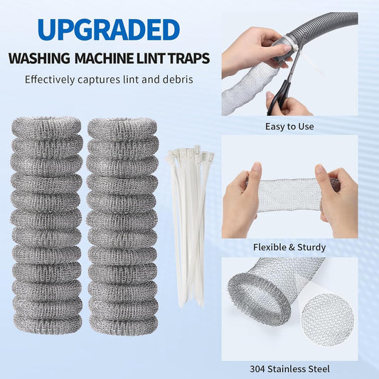 SUNHE YHK Lint Traps for Washing Machine, 24 Pieces | Stainless Steel Laundry Mesh Washer Hose Filter, 24 pcs Cable Ties, Catches Lint, Hair and Debris From Washer Drain Hoses