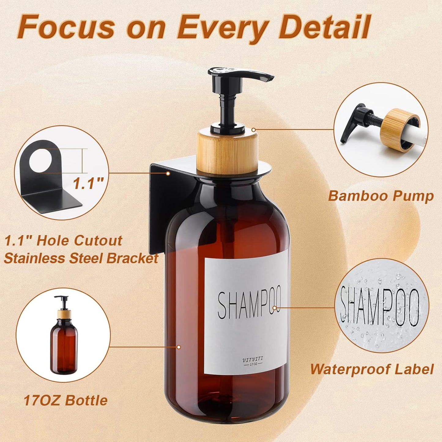 VITVITI Shampoo and Conditioner Dispenser 3 Chamber for Shower Wall, White | Refillable Body Wash Shower Soap Dispenser Wall Mounted, Drill Free 17oz Plastic Shower Bottles for Bathroom, Set of 3