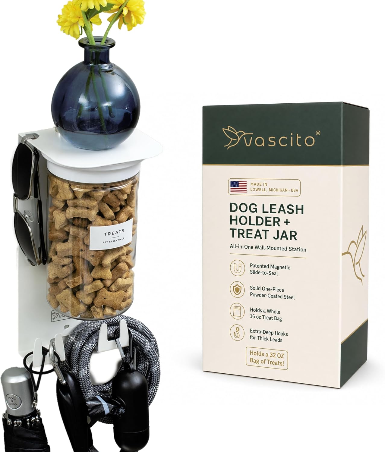 Dog Leash Holder for Wall with Shelf — Wall Mounted Dog Treat Holder & Station, 2 Airtight 32oz Treat Containers, 9 Hooks, Patented Lidless Slide-to-Seal Jars, Solid Steel, Made in USA