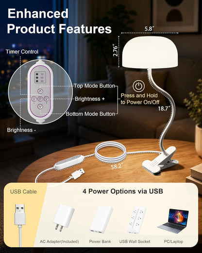 Clip on Light for Bed, Headboard Reading Lamp, Dorm Room Essentials | Flexible Mushroom Desk Lamp, Top & Bottom Lighting, 3 Colors Modes+670nm Red Light LEDs, 5 Brightness,Timer, Adapter Included