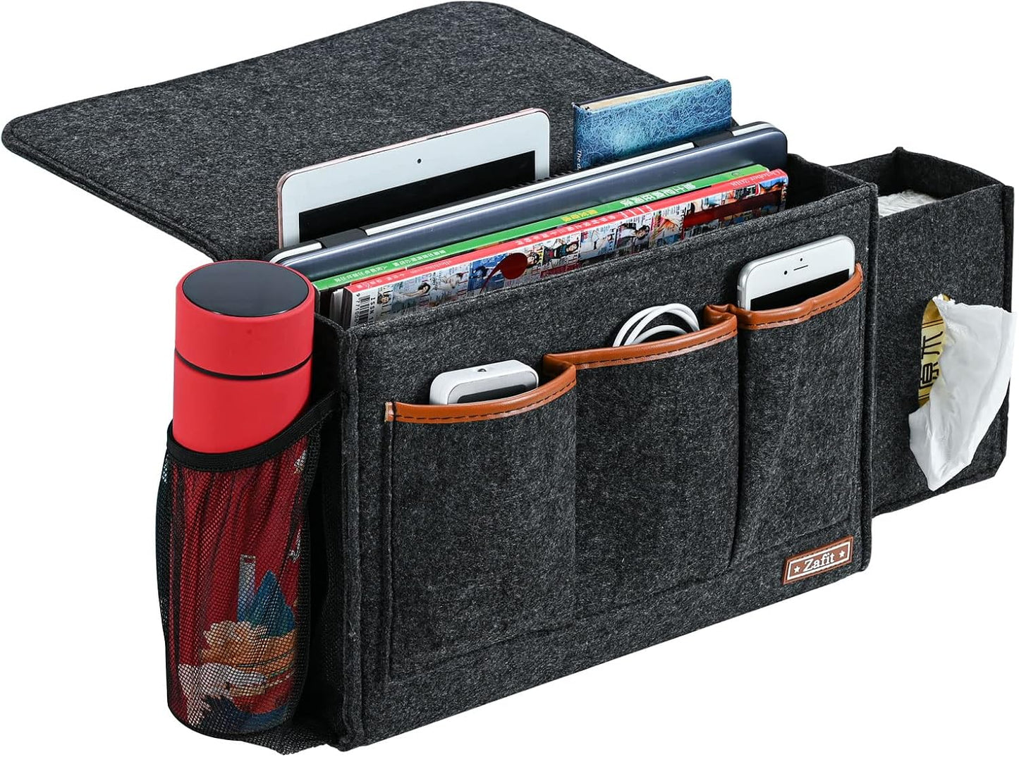 Zafit Bedside Caddy, Large Size Bedside Storage Organizer Bedside Organizer Caddy for Magazine Remotes Phone (13.4'' x 18.1'' Plus Size, Dark Grey)