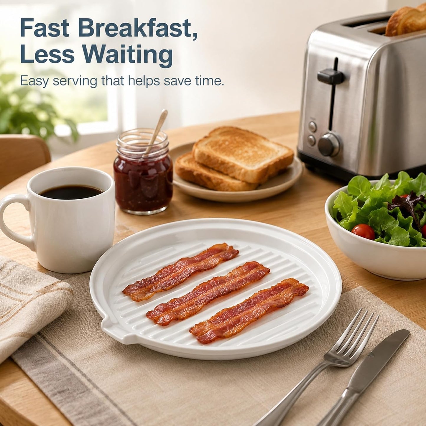 ONEMORE Microwave Bacon Cooker, Ceramic Bacon Tray with Splatter Cover | Meat Rack for Oven Cooking Crispy Bacon Maker with Collapsible Lid - 13 inch Round Bacon Dish Plate, Dishwasher Safe, White