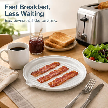 ONEMORE Microwave Bacon Cooker, Ceramic Bacon Tray with Splatter Cover | Meat Rack for Oven Cooking Crispy Bacon Maker with Collapsible Lid - 13 inch Round Bacon Dish Plate, Dishwasher Safe, White