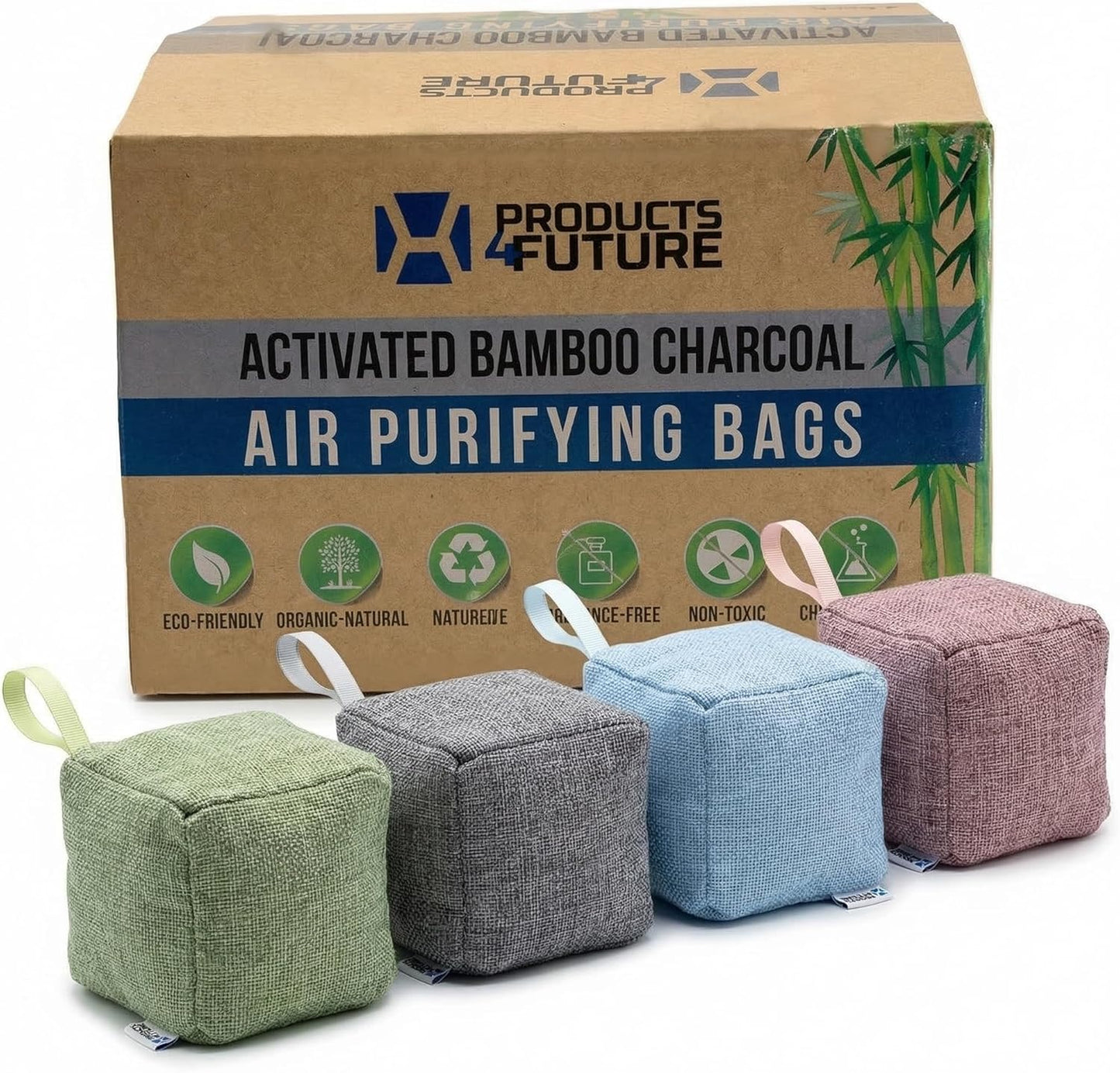 4 pack Naturally Activated Bamboo Charcoal Air Purifying Bags | Natural Home Deodorizer Bag | Charcoal Bag Odor Absorber For Pets | Odor Eliminator & Moisture Absorber Air Freshener Bag (200g Pyramid)