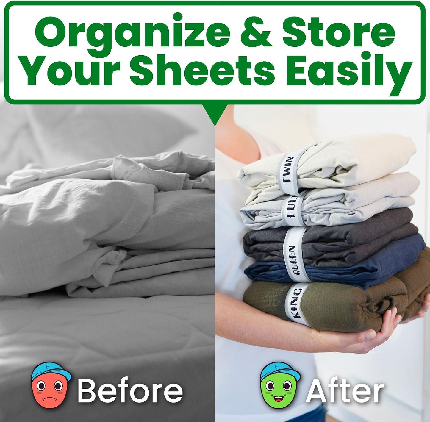 ECOHomes Bed Sheet Organizer Label Bands (King 4PCs Pack, Cream) | Storage Size Label Bands, Bed Sheets Set Organizers, Linen Closet Organization, Elastic Bedding Band, for Organizing Bedsheet