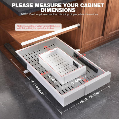 Seinloes Pull Out Cabinet Organizer,4-Side Expandable to Maximize Cabinet Space,Slide Out Drawers with 3 Rail Design,Roll Out Shelf with Raising Pad for Framed Cabinet,13"-21"W x 17"-24"D,White,2 Pack