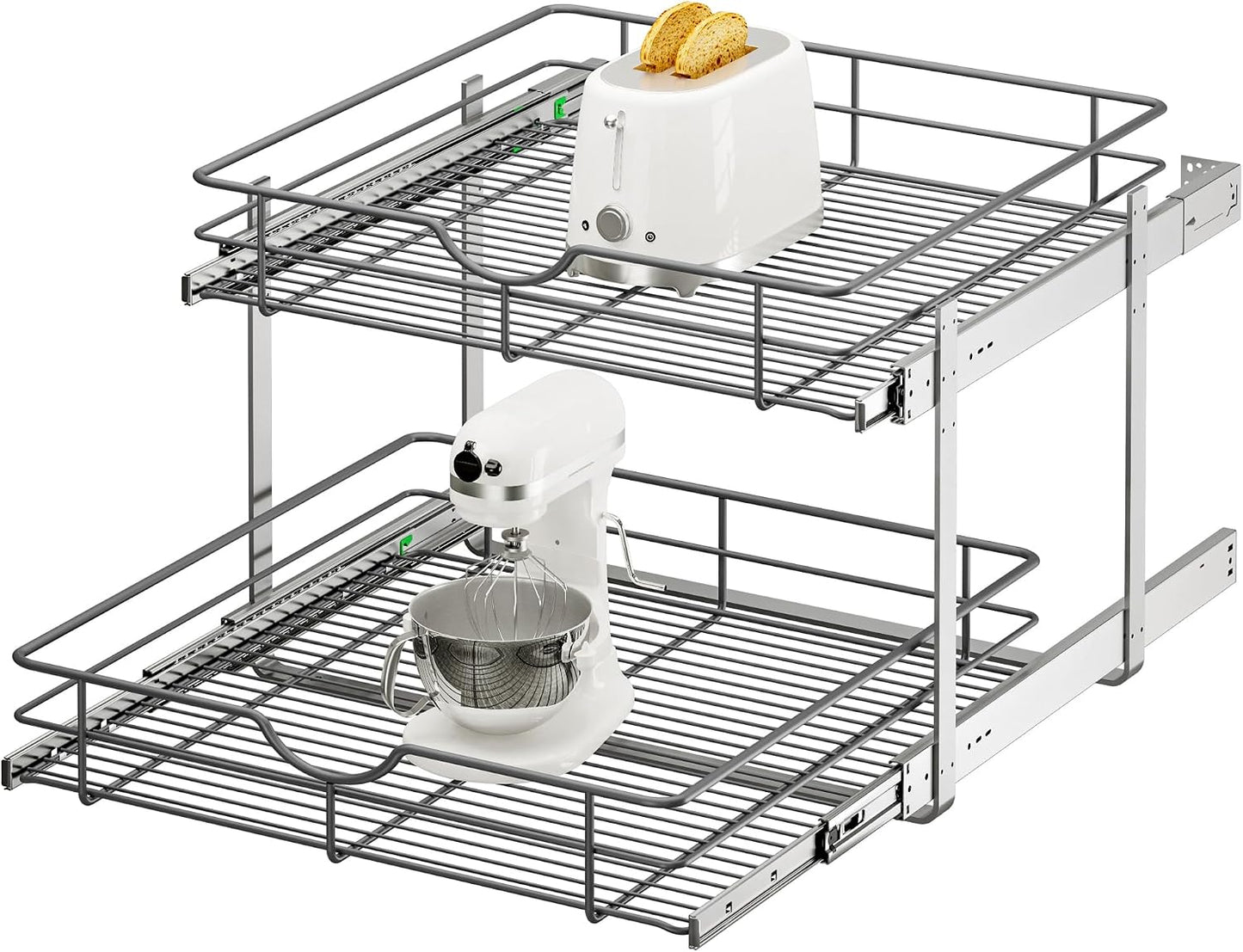 2 Tier Pull Out Cabinet Organizer - 20" W x 22" D Soft Close Slide Out Shelves with Shelf Liners - Pullout Drawers for Kitchen Cabinets, Pantry, Bathroom, Heavy Duty Steel Wire Baskets