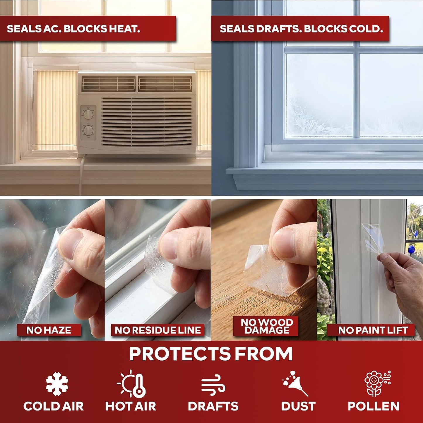 XFasten Window Weather Sealing Tape for AC Gaps, No Residue 2 Inch x 105 Feet, 8.7 Mil Thick Removable Air Conditioner Tape for Window Sealing, Door Gap Insulation, Summer Heat, Dust, Winter Drafts