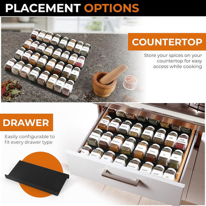 ALCOVA Spice Drawer Organizer Expandable 9-18" Black (Jars Not Included) | Black 4-tier expandable spice drawer organizer 9-18". Holds 16-32 4oz jars. Tool-free custom kitchen cabinet storage