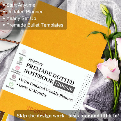 Premade Dotted Journal Notebook with Bullet Templates, Pre-made Dot Grid Journaling with Undated Weekly & Monthly Planner, Various Trackers - 12 Month Organization, A5 Hardcover