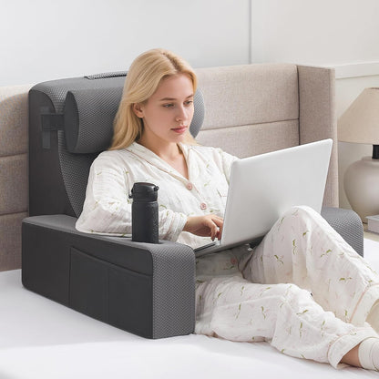 Reading Pillow for Sitting in Bed Adult, Back Pillow for Bed Sitting up with Arms, Pockets and Cup holder, Sit Up Backrest Pillows for Beds Chair Support, Rest Pillow for Gaming (Light gray)