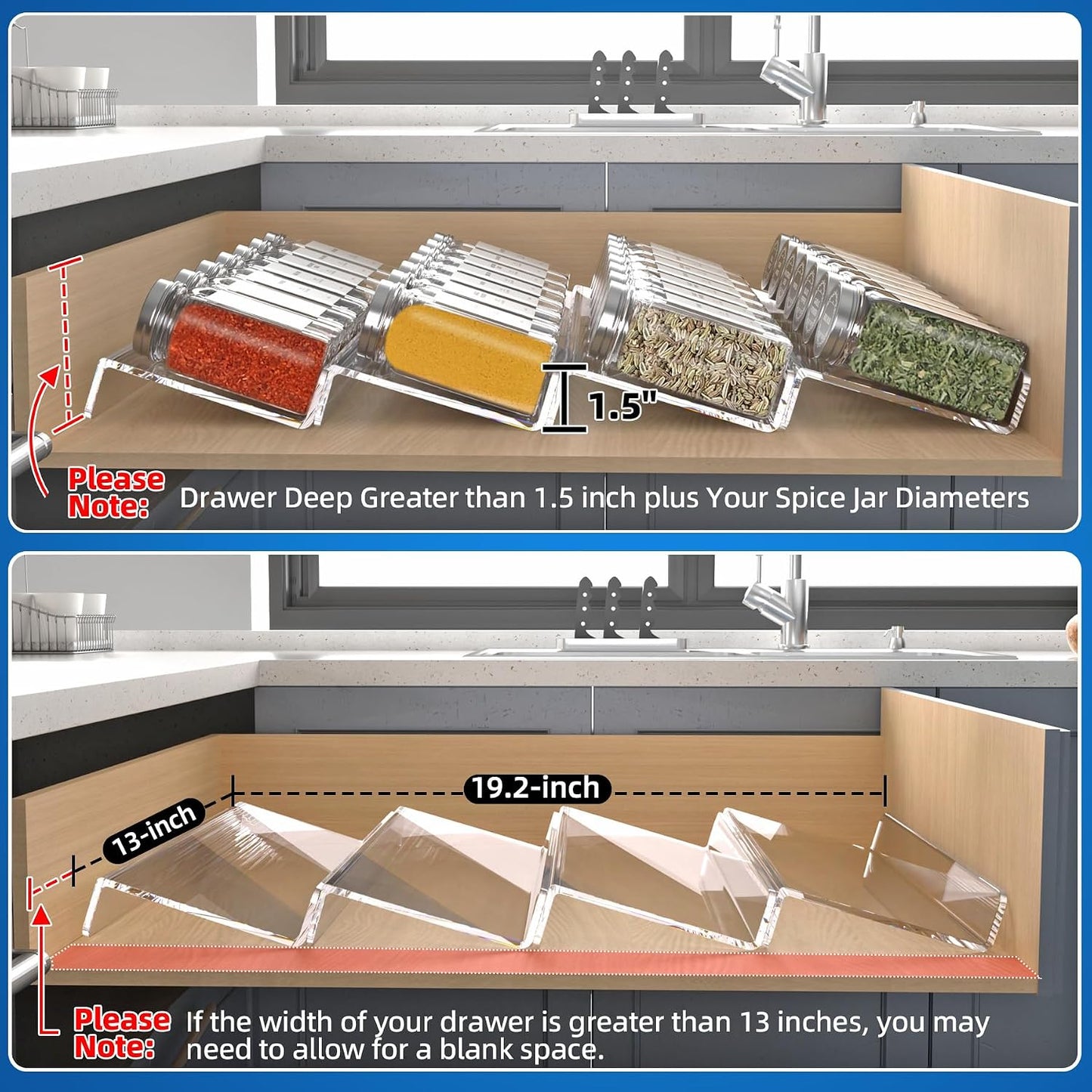 MIUKAA Clear Acrylic Spice Drawer Organizer, 4 Tier Seasoning Jars Drawers Insert, Kitchen Spice Rack Tray for Drawer/Countertop (Jars not included)