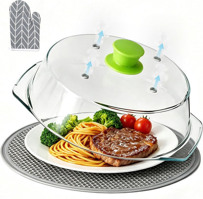 Glass Microwave Splatter Cover for Food 10 inch, 4 Vents, Heat Resistant | Borosilicate Glass Splatter Guard with Silicone Handle Knob and Mat,BPA Free,Dishwasher Safe,Dish Cover,4 in 1,Green