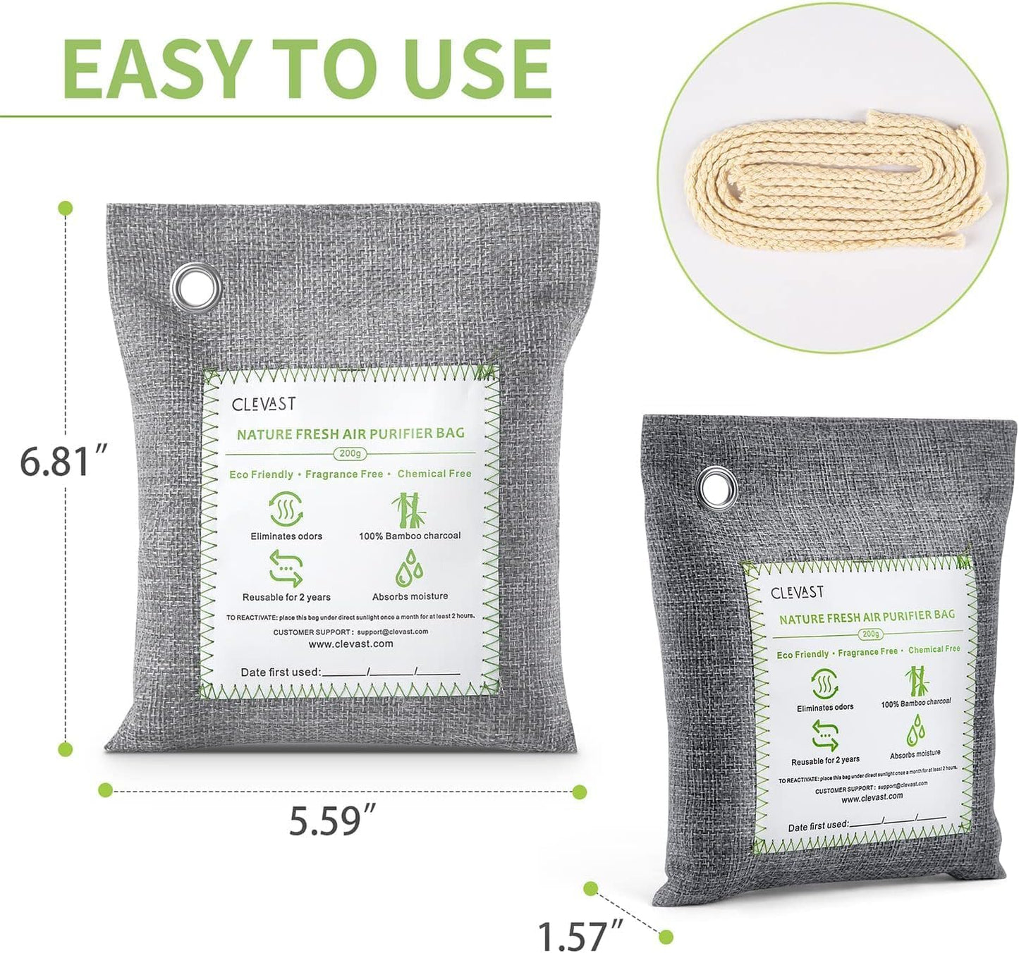 CLEVAST Bamboo Charcoal Air Purifying Bags - (Large, 4×200g), Removes Odors and Moisture, Nature Fresh Air Purifier Bags, Odor Eliminator for Home, Car, Pets, Bathroom, Basement
