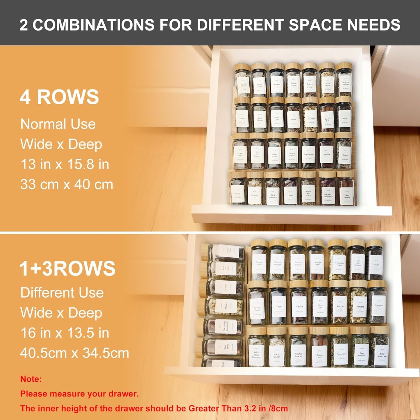 Spice Drawer Organzier,4 Tiers Bamboo Spice Rack Tray Insert for Cabinet Drawer Countertop, Kitchen Seasoning Storage Drawer Organization,14.57" Wide x 15.8" Deep （Hold UP To 32 Jars