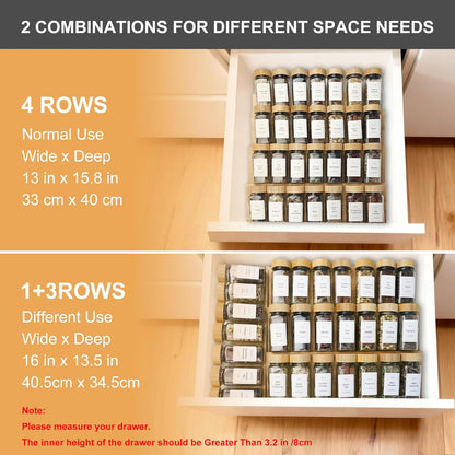 Spice Drawer Organzier,4 Tiers Bamboo Spice Rack Tray Insert for Cabinet Drawer Countertop, Kitchen Seasoning Storage Drawer Organization,14.57" Wide x 15.8" Deep （Hold UP To 32 Jars