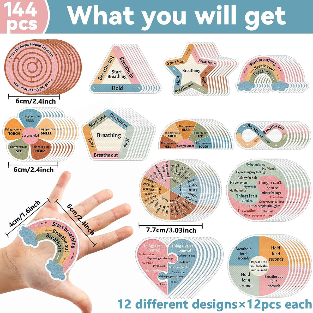144 Pcs Breath Calm Anxiety Sensory Stickers Reusable Tactile Textured Mindfulness Sticker Fidget Silent Adhesive Sensory Strips for Christmas School Office Adult Teen Tension Student Classroom Supply