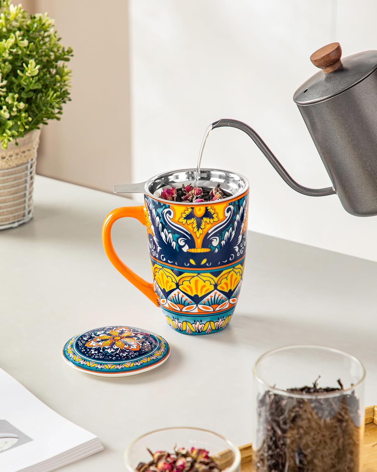 vancasso 18 Oz Tea Infuser Mug with Lid, Mint Petal Whirl | Eye catching Bohemian pattern, adds charm to any tea corner, ceramic mug with infuser, microwave and dishwasher safe
