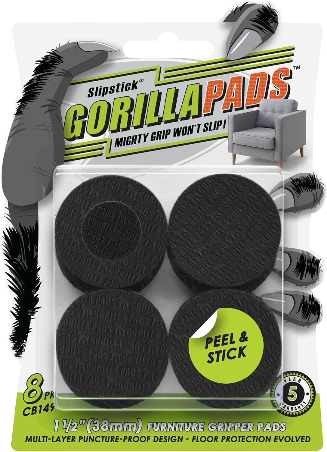 Slipstick GorillaPads CB147 Non Slip Furniture Pads/Gripper Feet (Set of 16) Self Adhesive Rubber Floor Protectors, 1 inch Round, Black