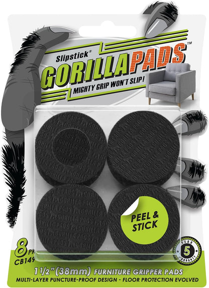 Slipstick GorillaPads CB147 Non Slip Furniture Pads/Gripper Feet (Set of 16) Self Adhesive Rubber Floor Protectors, 1 inch Round, Black