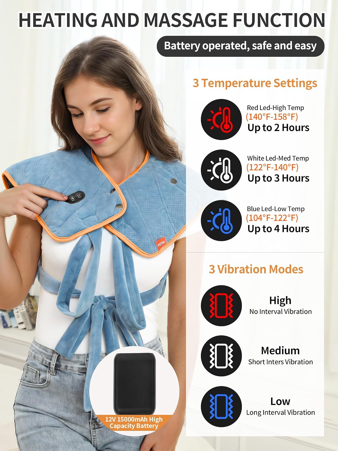 Vofuoti Portable Cordless Heating Pad for Neck and Shoulders with Massager | 12V 15000mAh Battery and 3 Heat Settings, Weighted Electric Rechargeable Heated Neck Shoulder Wrap, 2.6lbs, Gift for Family