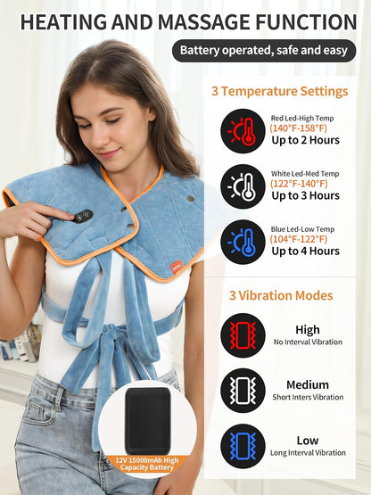 Vofuoti Portable Cordless Heating Pad for Neck and Shoulders with Massager | 12V 15000mAh Battery and 3 Heat Settings, Weighted Electric Rechargeable Heated Neck Shoulder Wrap, 2.6lbs, Gift for Family