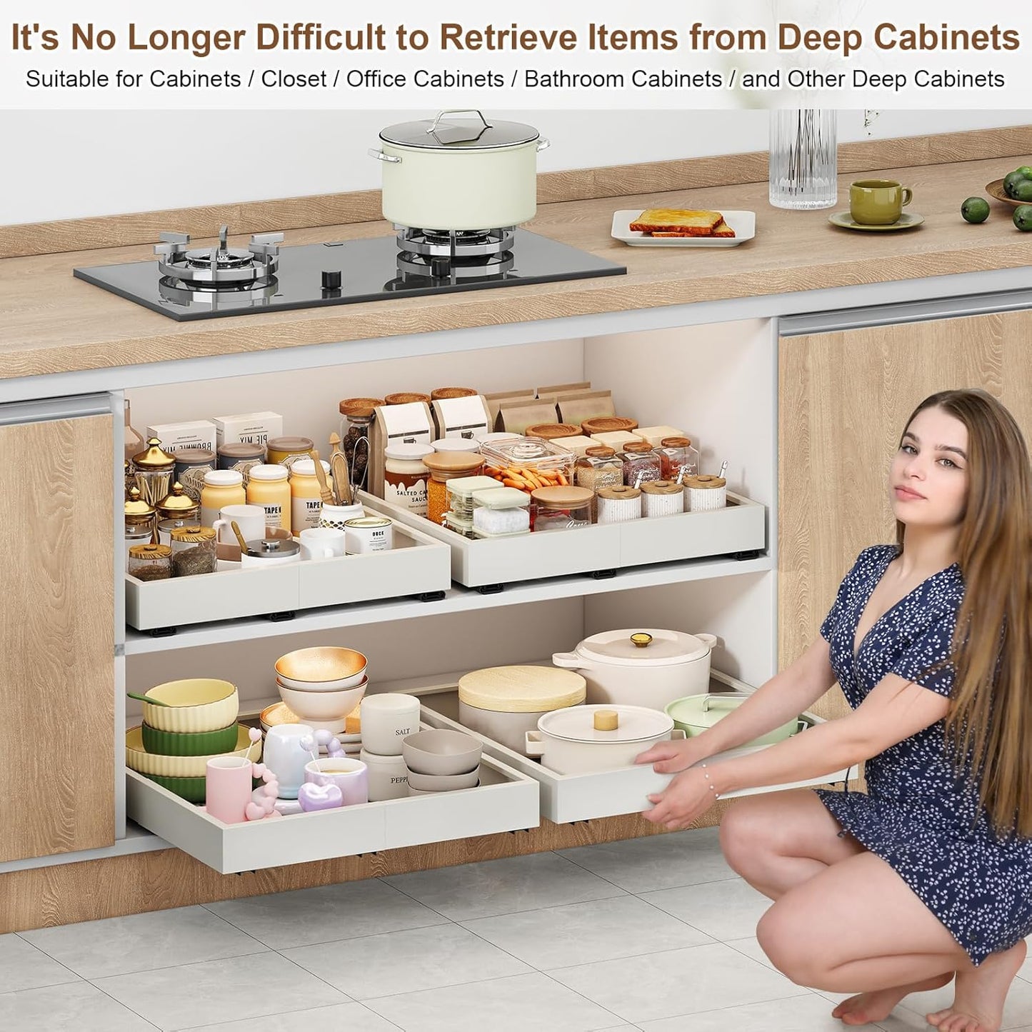 Fokyfok Pull Out Cabinet Organizer,23"-31"W,17"-24"D,Expandable,Adhesive | No Drill,5 Rails,Adjustable Slide out Drawers for Kitchen,Pantry,Roll out Shelves,Cabinets Without Lip,Framless,White,1PC