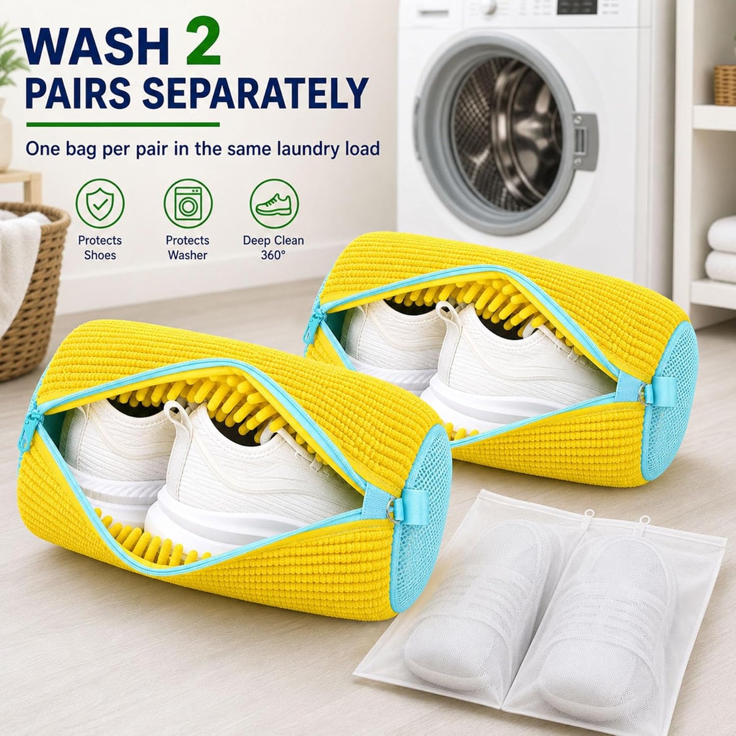 Shoe Washing Machine Bag: Shoes Come Out Clean & Protected during Washing | 2PC Laundry Shoe Bag for Washer and Dryer, Auto-Lock Zipper, Chenille Microfiber Lining, 17 x 7.5 inch, Durable, Yellow
