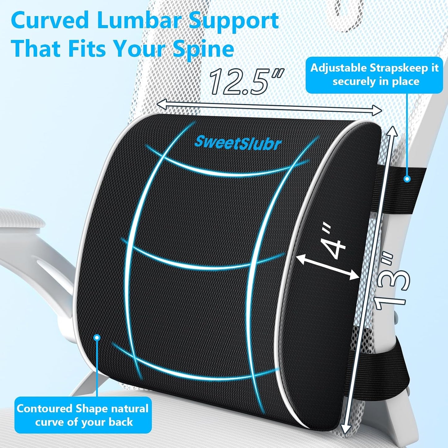 SweetSlubr Memory Foam Seat Cushion & Lumbar Support Pillow Set Black Large | U-shaped Cushion Design, Washable Mesh Cover, Adjustable Straps, Non-slip Base, Office Chair and Car Seat Use