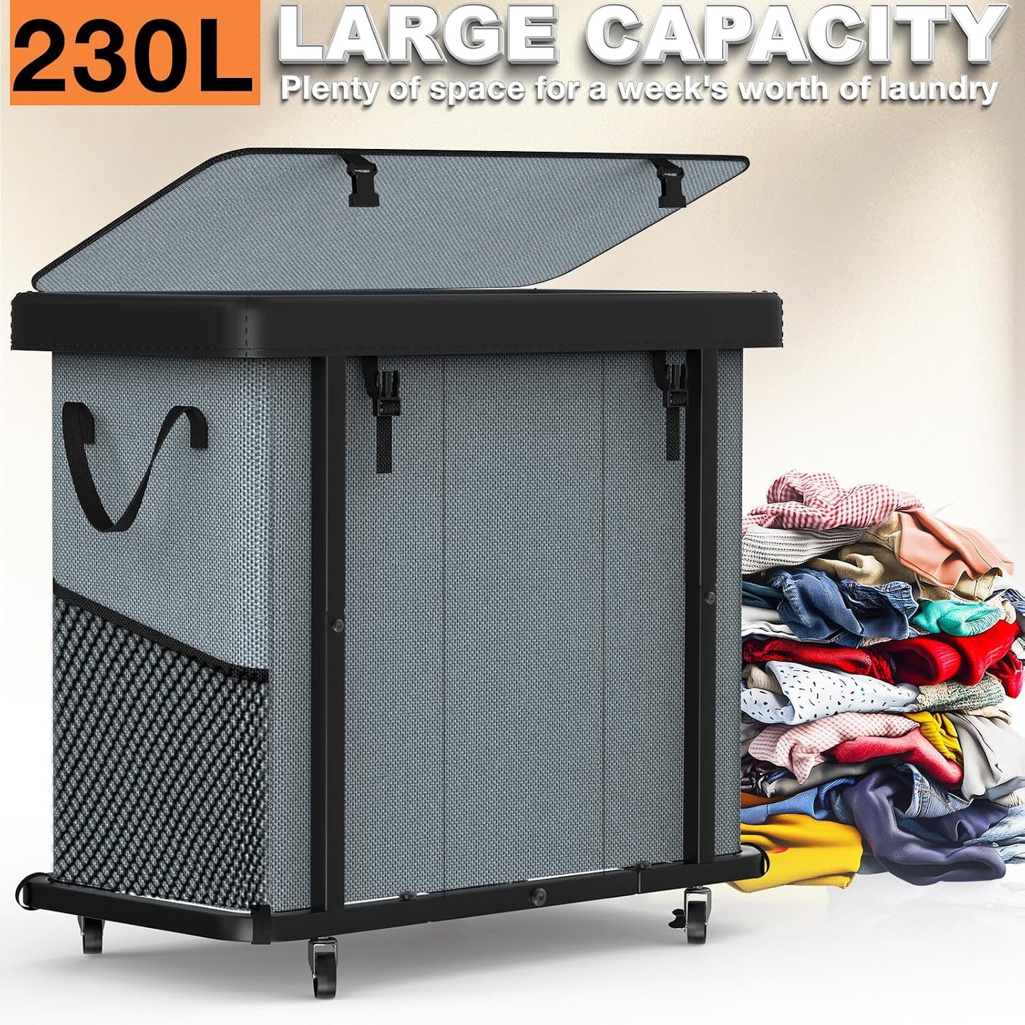 Laundry Hamper with Wheels,150L Leather Patchwork Clothes Hamper Black | Rolling Laundry Basket with Sturdy Metal Frame, Removable Washable Bag,Tall Clothes Sorter for Bedroom, Laundry Room, Dorm