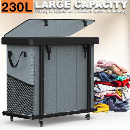 Laundry Hamper with Wheels,150L Leather Patchwork Clothes Hamper Black | Rolling Laundry Basket with Sturdy Metal Frame, Removable Washable Bag,Tall Clothes Sorter for Bedroom, Laundry Room, Dorm