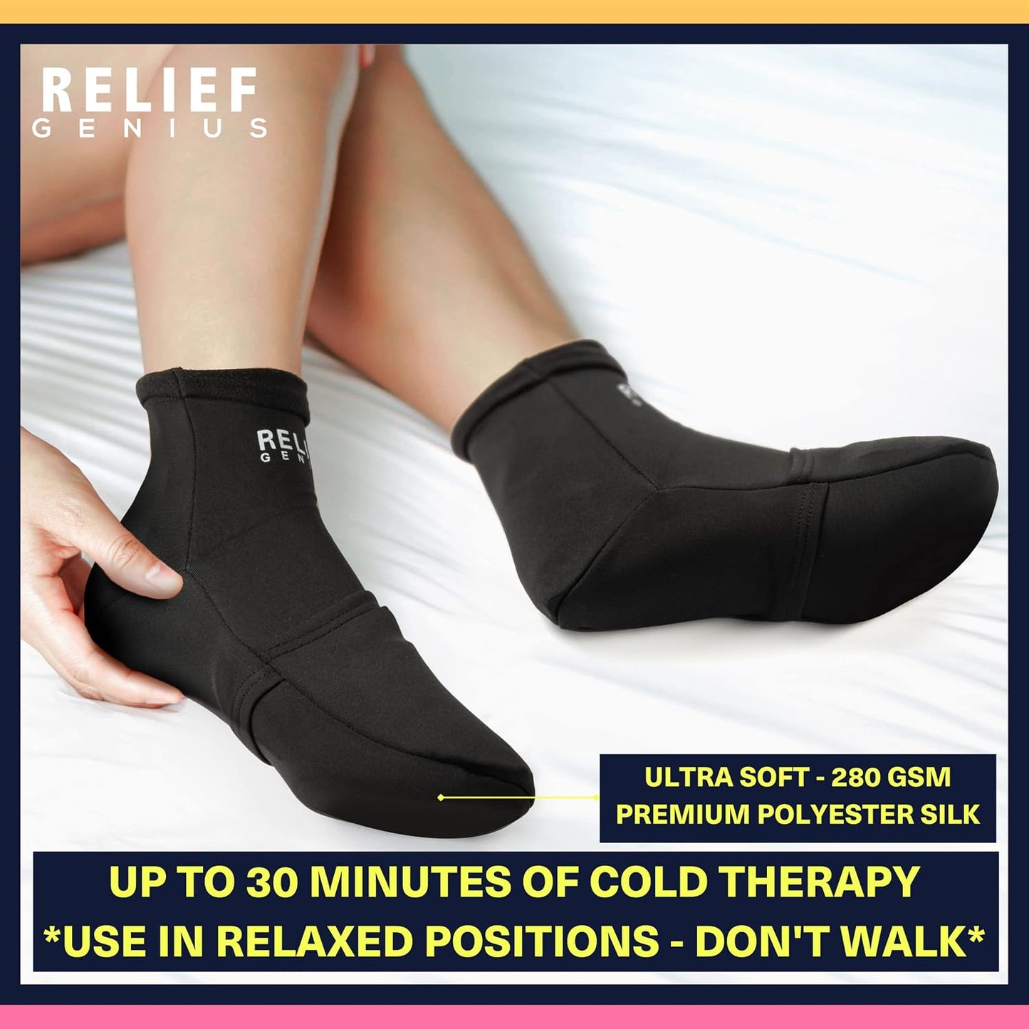 Relief Genius Cold Therapy Socks with Reusable Gel ice Packs - Achieve Relief from Sprains, Muscle Pain, Bruises, Swelling, Edema, Chemotherapy, Arthritis, Post Partum Foot (Black, Large)