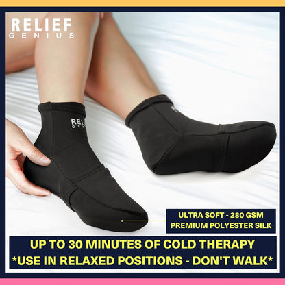 Relief Genius Cold Therapy Socks with Reusable Gel ice Packs - Achieve Relief from Sprains, Muscle Pain, Bruises, Swelling, Edema, Chemotherapy, Arthritis, Post Partum Foot (Black, Large)