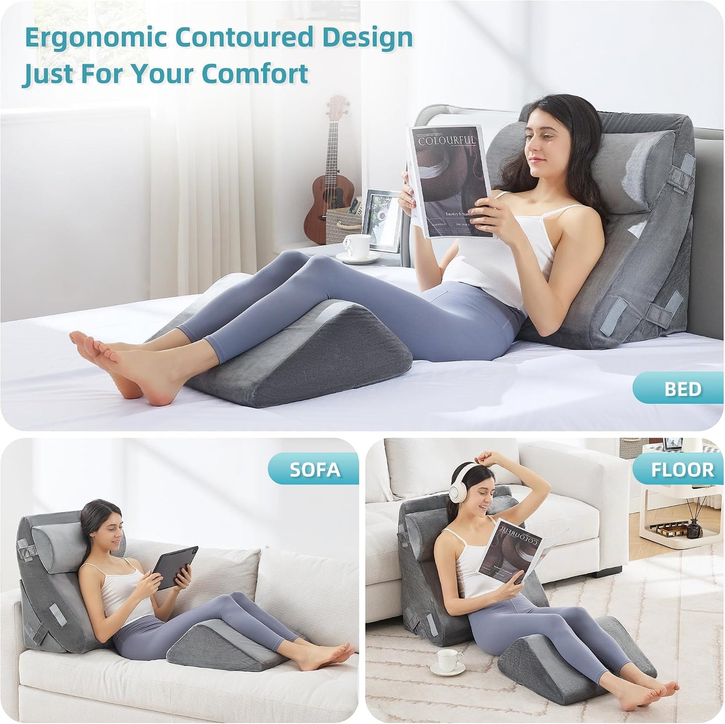 Kingfun 4PCS Orthopedic Bed Wedge Pillow Set for Sleeping, Post Surgery Memory Foam Support Pillows for Back, Neck and Leg Pain Relief, Adjustable Triangle Pillow - Acid Reflux, Anti Snoring & GERD