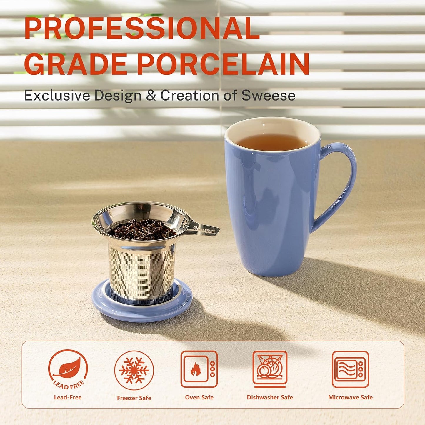 Sweese 15oz Porcelain Tea Mug with Infuser and Lid – Microwave Safe, Ergonomic Handle, Lead-Free Glaze, for Loose Leaf Tea