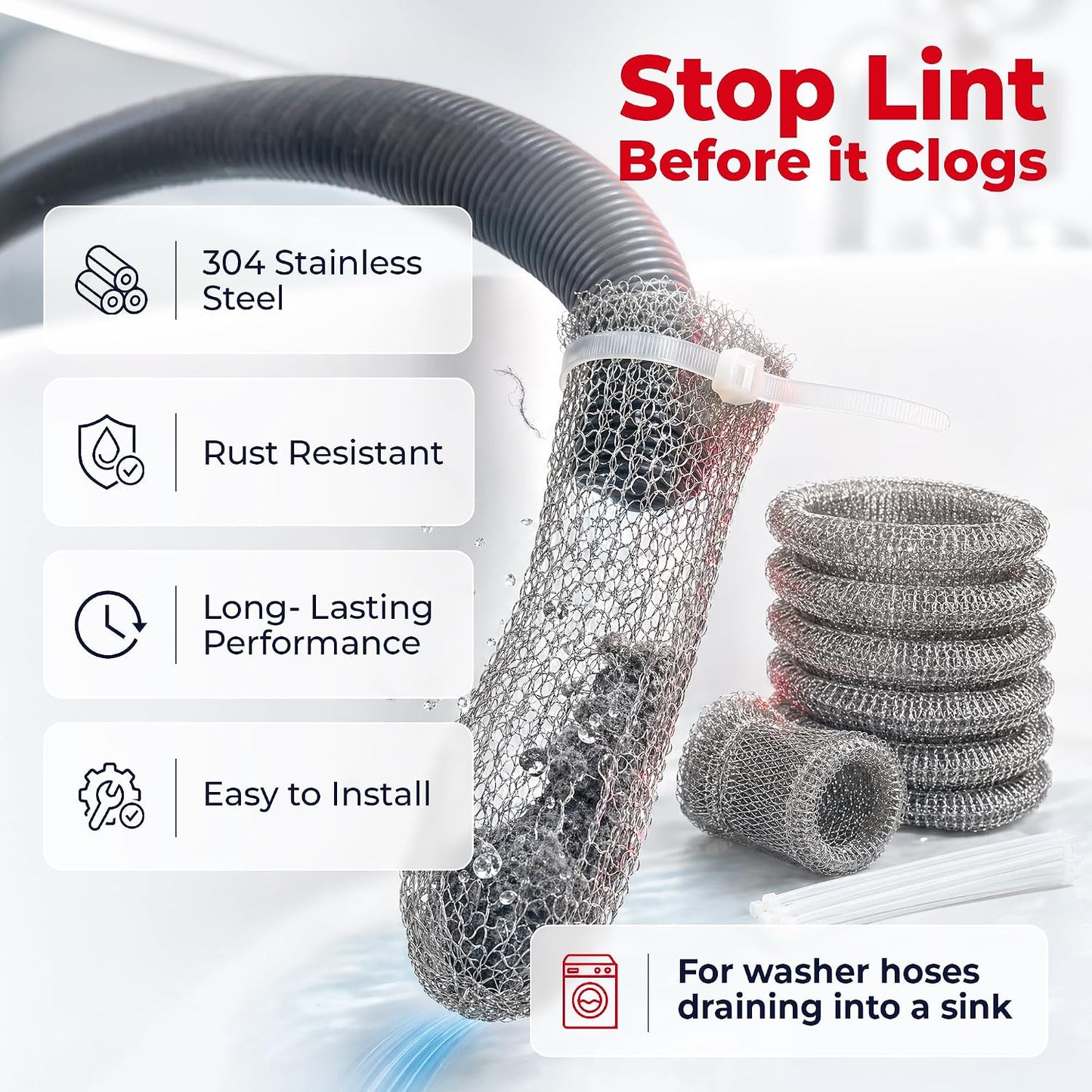 Washing Machine Lint Trap Stainless Steel 12-Pack | 29cmx6.5cm, Hose Filter, Mesh Drain Catcher, Washer Sock Remover, Rust-Free Snare Laundry Filter with Nylon Cable Ties