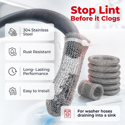 Washing Machine Lint Trap Stainless Steel 12-Pack | 29cmx6.5cm, Hose Filter, Mesh Drain Catcher, Washer Sock Remover, Rust-Free Snare Laundry Filter with Nylon Cable Ties