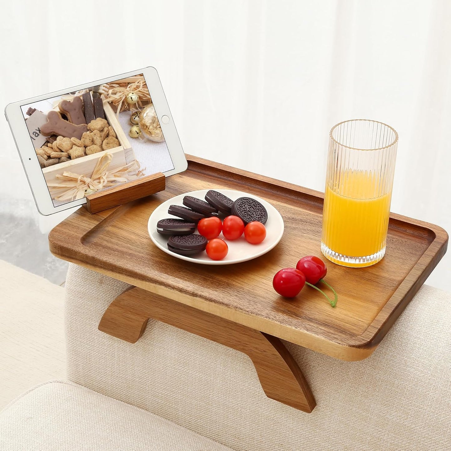 Couch Arm Tray,Bamboo Sofa Clip on Side Table,Foldable Couch Armrest Table with 360°Rotating Phone Holder,Anti Slip Food Trays for Eating/Drinks/Snacks/Remotes 15.35" x 9.85"
