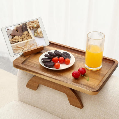 Couch Arm Tray,Bamboo Sofa Clip on Side Table,Foldable Couch Armrest Table with 360°Rotating Phone Holder,Anti Slip Food Trays for Eating/Drinks/Snacks/Remotes 15.35" x 9.85"