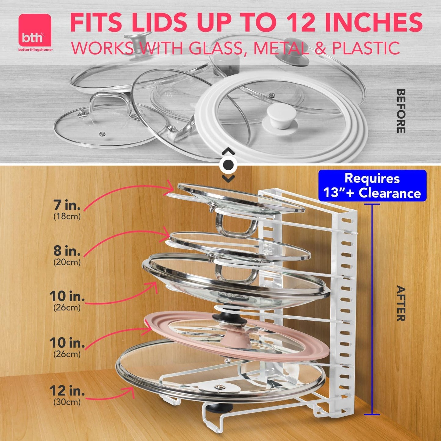 Free-Standing Adjustable Pot Lid Organizer for Cabinet - Kitchen Storage Rack 6 Adjustable Shelves, Pot Lid Holder, Pan and Pot Rack Organizer, Pantry & Inside Cabinet Organizer (13” Clearance)