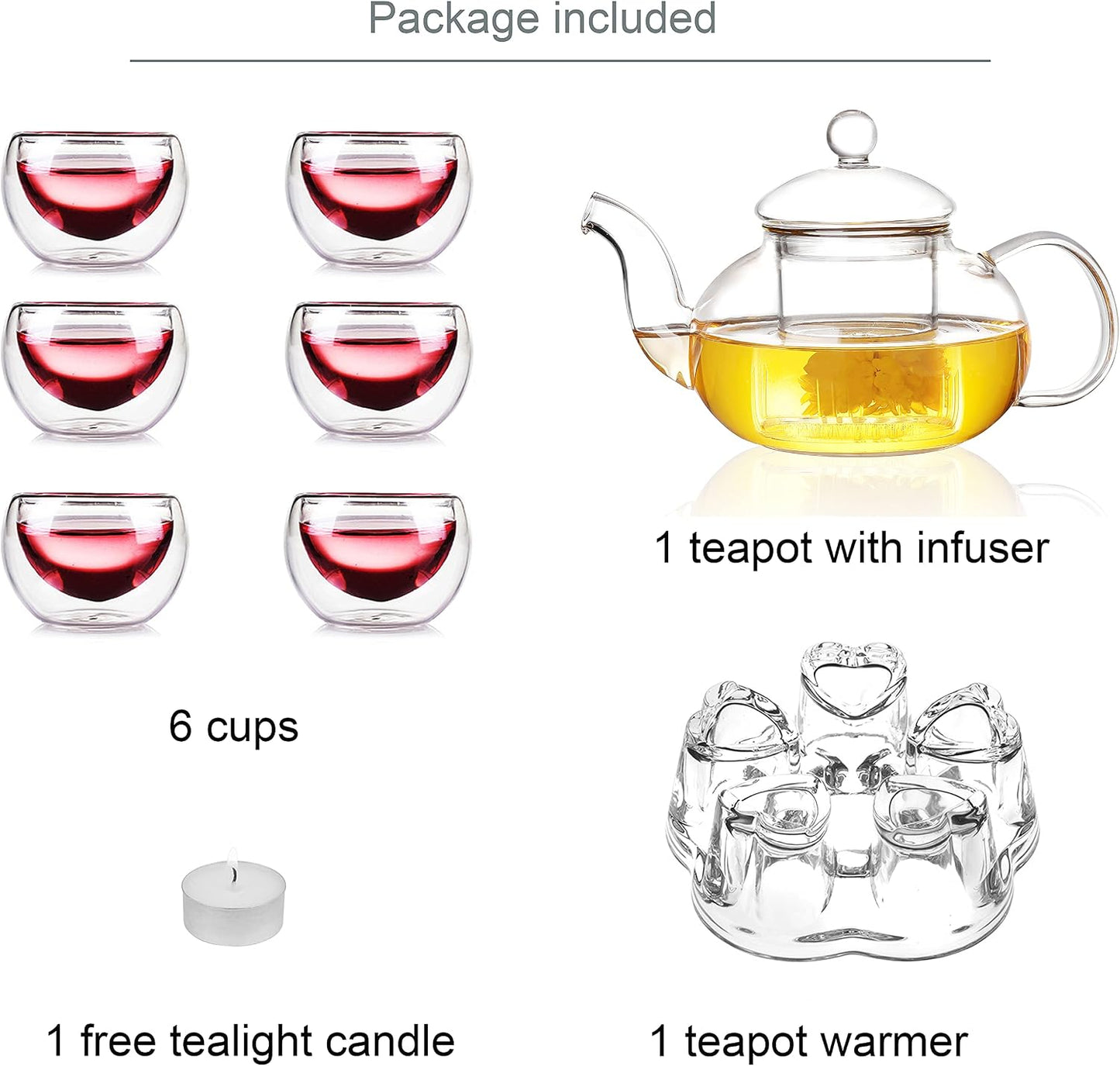 Jusalpha 11 PC-Glass Filtering Tea Maker Teapot with a Warmer and 6 Tea Cups Set (Version 2, 27-Oz) | 6 units of 1.7 oz tea cups, tea set comes with a 27 oz teapot with a removable infuser