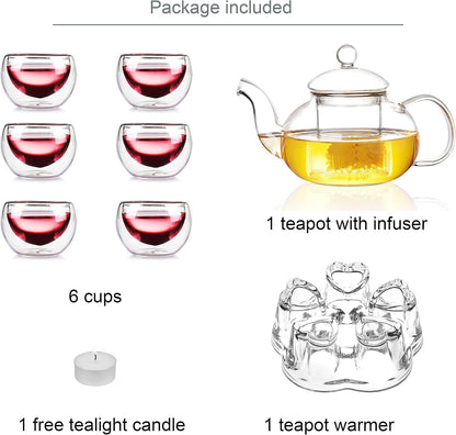 Jusalpha 11 PC-Glass Filtering Tea Maker Teapot with a Warmer and 6 Tea Cups Set (Version 2, 27-Oz) | 6 units of 1.7 oz tea cups, tea set comes with a 27 oz teapot with a removable infuser